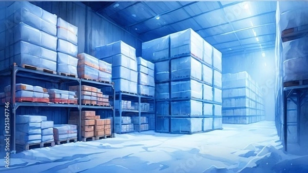 Obraz Ice Warehouse Interior with Stacked Boxes and Cold Storage Atmosphere