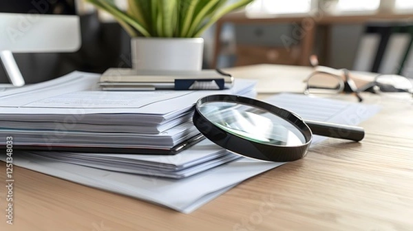 Fototapeta Close-up of a neatly organized stack of insurance documents with a magnifying glass on top, showcasing professionalism and attention to detail in a modern office setting.