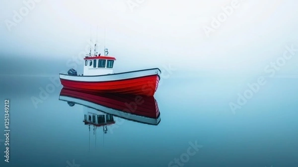Fototapeta A lone red boat floats peacefully on calm waters, surrounded by a thick mist, creating a serene and tranquil atmosphere.