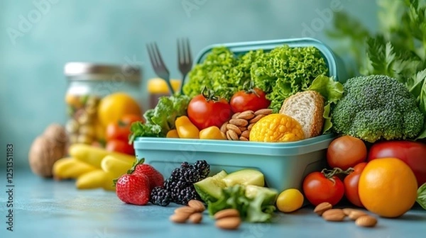 Fototapeta A healthy school lunch is presented with fresh fruits, vegetables, nuts, and a plastic spork neatly arranged in a blue lunchbox set against a light blue background, promoting healthy eating habits.
