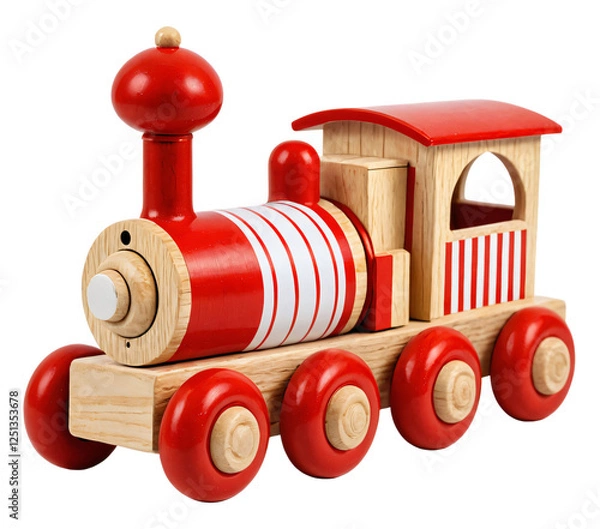 Obraz A wooden toy train with a red and white striped cab and red wheels, featuring a red smokestack and red bell, is displayed against a white background, ready for a child to embark on a journey