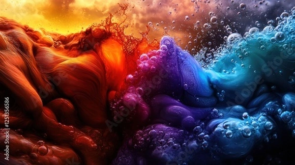 Fototapeta Vibrant Abstract Fluid Dynamics with Red and Blue Swirls and Bubbles Creating a Dramatic Scene