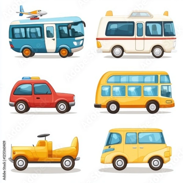 Fototapeta A Collection of Colorful and Diverse Vehicle Illustrations Including Airplanes, Buses, Cars, Vans, and Trucks for Child-Friendly Designs