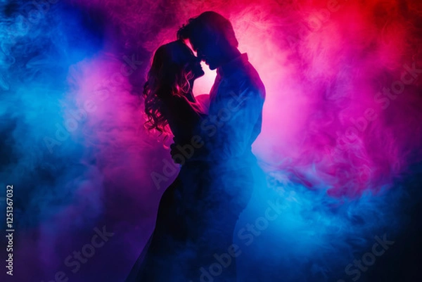 Fototapeta A silhouette of a couple dancing in colorful smoke is seen, creating a romantic photoshoot with colorful neon lights and cinematic, atmospheric lighting.