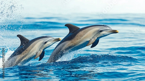 Obraz Dolphins jumping in ocean marine life nature coastal waters dynamic scene