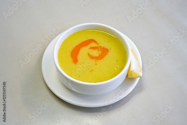 Fototapeta Lentil ( mercimek corbasi ) soup with melted butter and red pepper sauce. Limon ve soslu mercimek corba.