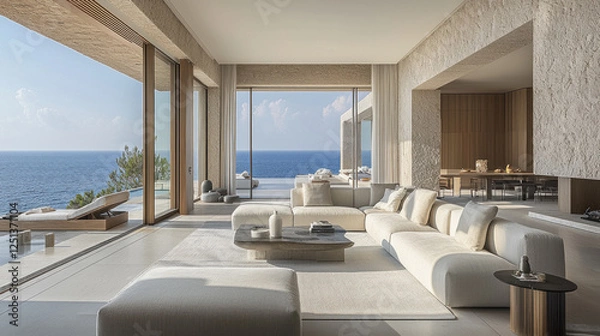 Obraz Luxury seaside villa living room with ocean view