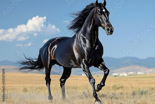 Fototapeta Black horse running in a dry field with mountains and cloudy sky
