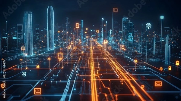 Obraz Dynamic visual of a futuristic city skyline at night showcasing a network of connected devices infrastructure and innovation symbols illuminating the urban landscape