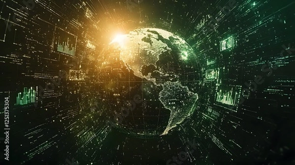 Obraz Futuristic digital globe surrounded by symbols and icons representing the most influential technological trends and innovations of the decade including AI big data cloud computing