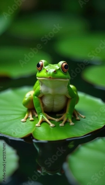Fototapeta A green frog sits patiently on a lily pad, awaiting , animal, amphibian, folklore