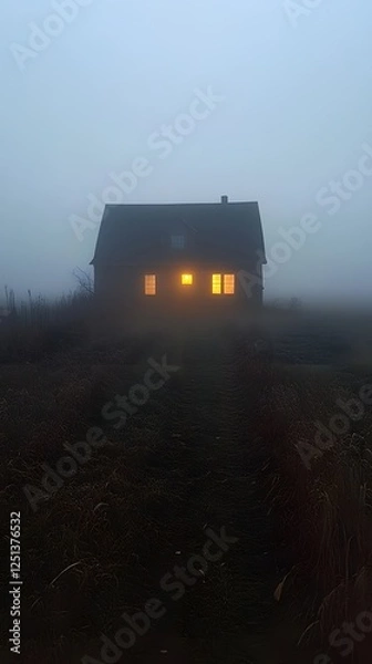 Fototapeta Eerie Foggy Night Scene of a House with Warm Glowing Windows in a Rural Landscape