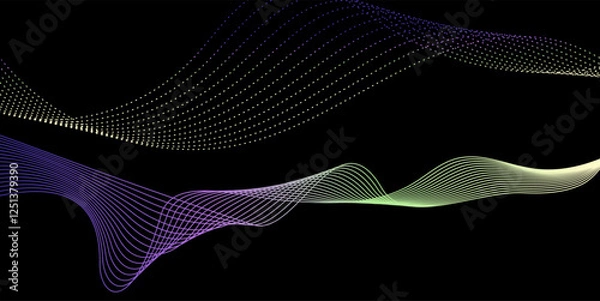 Fototapeta Dynamic Flowing Lines and Dots Technology Background, featuring elegant flowing waves and glowing dotted particles on a dark background.