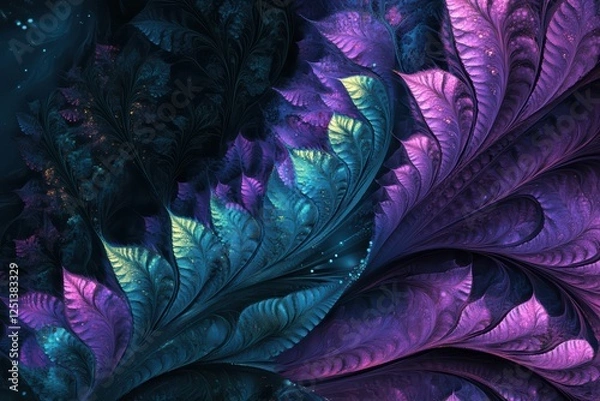 Fototapeta Glowing lavender and teal lights forming intricate fractal patterns on a dark canvas. Digital symmetry

