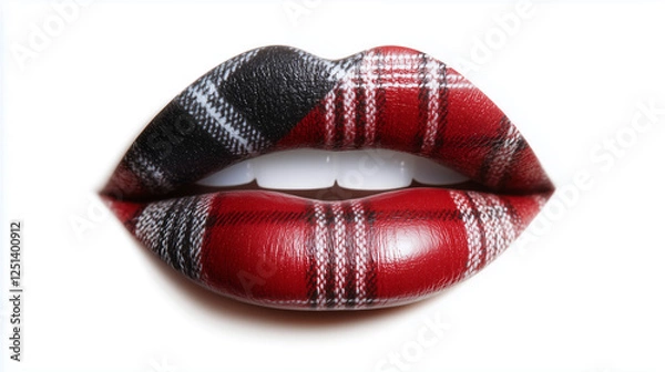 Fototapeta Close-up of artistic lips with a colorful knitted fabric pattern, showcasing creative makeup, fashion, and beauty in a highly detailed macro shot of textured lip art.