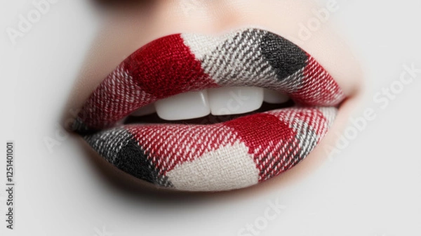 Fototapeta Close-up of artistic lips with a colorful knitted fabric pattern, showcasing creative makeup, fashion, and beauty in a highly detailed macro shot of textured lip art.