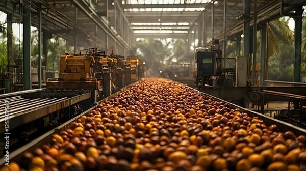 Fototapeta Fresh oranges on industrial conveyor belt moving through automated sorting and processing facility with sunlight streaming through glass roof.