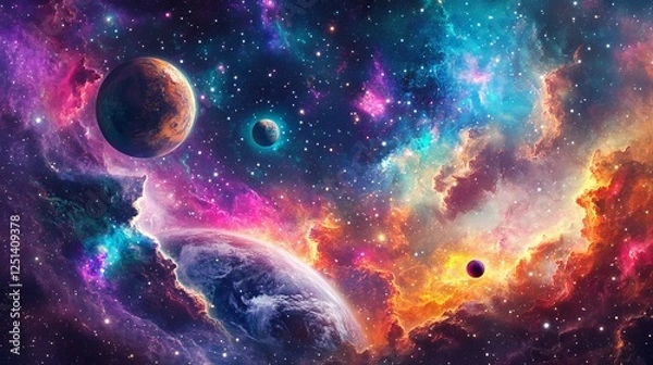 Fototapeta Outer space background with shiny stars, planets and a black hole. Cute graphic wallpaper for children, abstract cosmos and astronomy pattern. Vector illustration for kids.