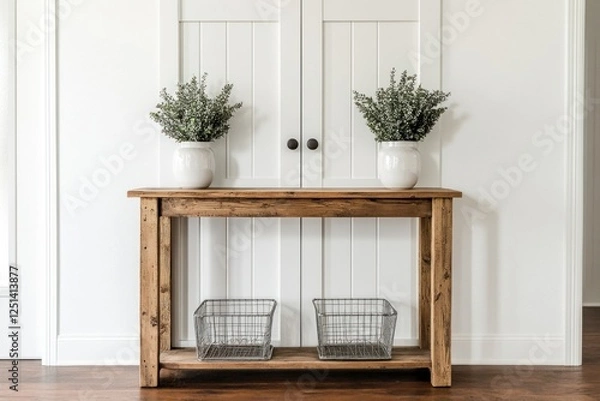 Fototapeta Rustic wooden console table with vases and wire baskets against white paneled wall.