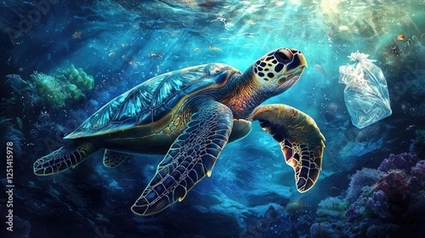 Fototapeta Ocean's Sentinel: A Sea Turtle's Plea Amidst Plastic Pollution