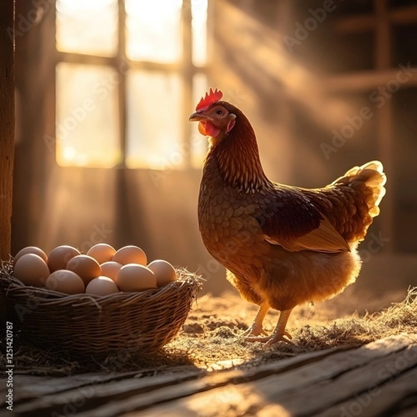 Fototapeta Rustic Farm Scene Golden Light Illuminating Hen and Basket of Eggs in Countryside Setting