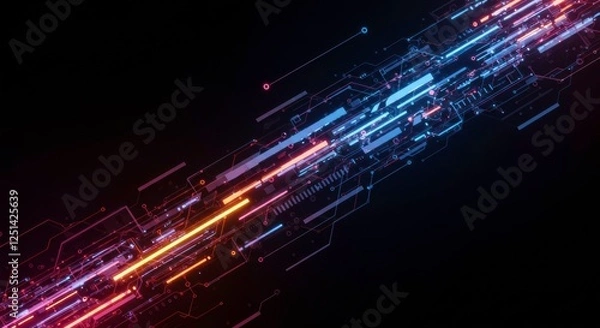 Fototapeta Digital Flux: Abstract representation of data flow, featuring vibrant streaks of blue and orange light traversing a dark background.