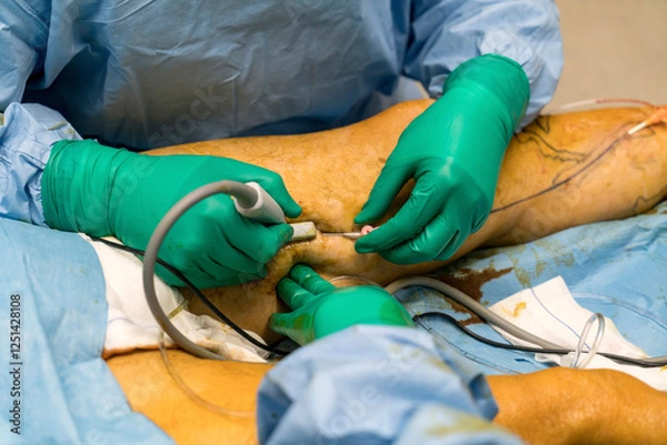 Fototapeta Process of varicose vein surgery in hospital, vein sealing, venous vascular surgery, phlebectomy surgery, surgical field marking, superficial veins problems, swollen skin, step by step