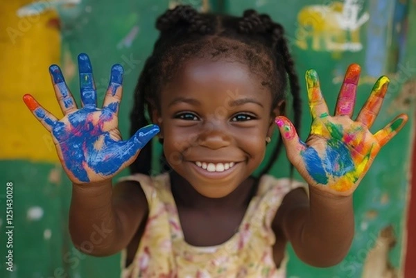 Obraz Joyful Young Girl with Colorful Painted Hands Smiling Brightly