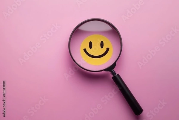 Fototapeta Magnifying Glass Displaying Happy Face on Pink Background