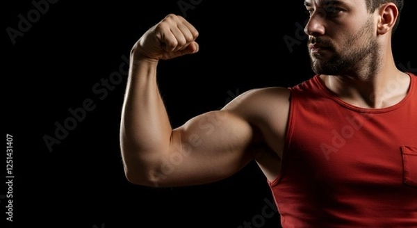 Fototapeta Man Flexing Biceps Posing in Red Tank Top Against Black Background