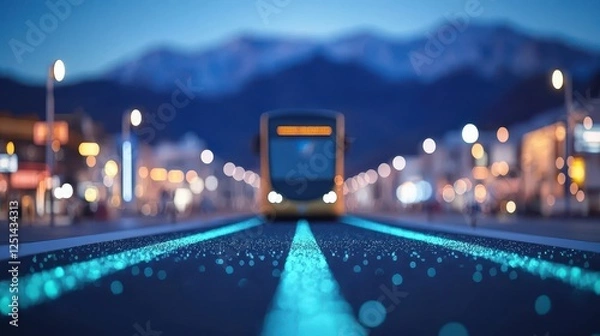 Fototapeta Modern Tram in Urban Setting with Scenic Mountains