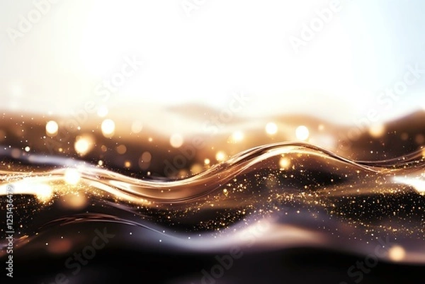 Obraz Abstract golden waves flow across dark background with glowing light particles and bokeh effect creating luxurious dynamic composition.