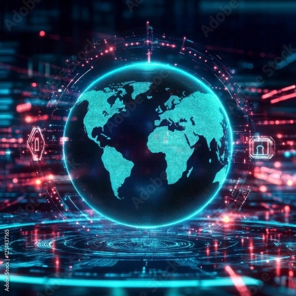Fototapeta Abstract Digital Globe Displaying Global Information and Connectivity Patterns Visualization of Data Through Light Effects in Modern Art Style. Illustration of Sphere with Geometric Patterns and