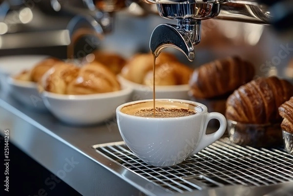 Obraz Espresso Preparation: A Close-up View of Coffee Brewing with Fresh Croissants