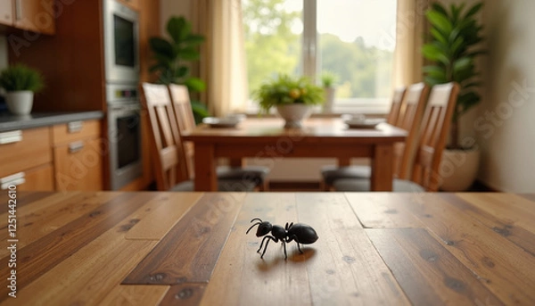 Obraz Ant on wooden table in a cozy kitchen