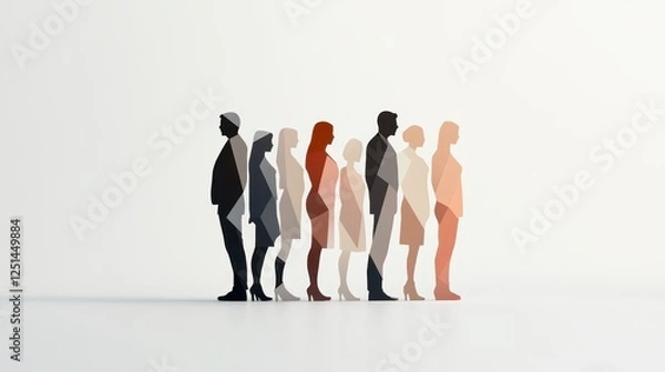 Obraz A group of individuals stands in a line, depicted as silhouettes in varying shapes and sizes. Each figure represents diversity in body types and gender, showcasing inclusivity