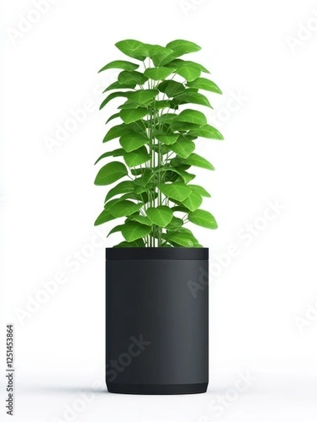 Fototapeta A vibrant green plant stands tall in a sleek black pot. The clean white background enhances the freshness and vitality of the plant, creating a minimalist aesthetic