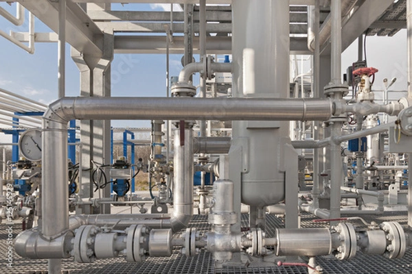 Obraz Details of a modern natural gas processing plant with pressure dials on gasworks pipes