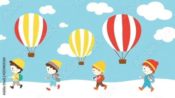 Fototapeta Kids walking towards hot air balloons in a snowy landscape.  Possible use Children's book illustration