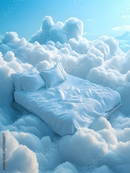 Fototapeta Serene slumber Floating dreamscape Bed amidst fluffy clouds Sky high relaxation Comfort concept