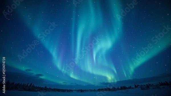 Fototapeta Spectacular celestial auroras dance across a midnight blue sky framing a serene central emptiness Perfect for tranquil and cosmic vibes