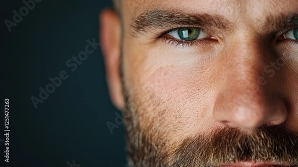 Obraz This striking close-up features a man with prominent green eyes and a well-groomed beard. The lighting enhances his facial features, creating a captivating aura