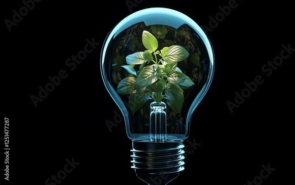 Fototapeta Light bulb with a sprouting green plant inside, glowing softly, representing sustainable energy and environmental conservation, fresh, vibrant, and photorealistic setting