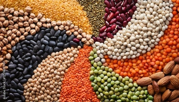 Fototapeta A colorful, high-resolution background featuring a top-down view of an artistic arrangement of lentils, chickpeas, beans, and peas forming a vibrant pattern