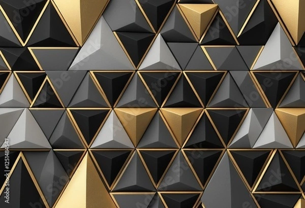 Fototapeta 3d style luxurious european seamless pattern gold grey black geometric triangular shapes modern abstract design metallic glossy texture elegant symmetry futuristic decor wallpaper background interior.
