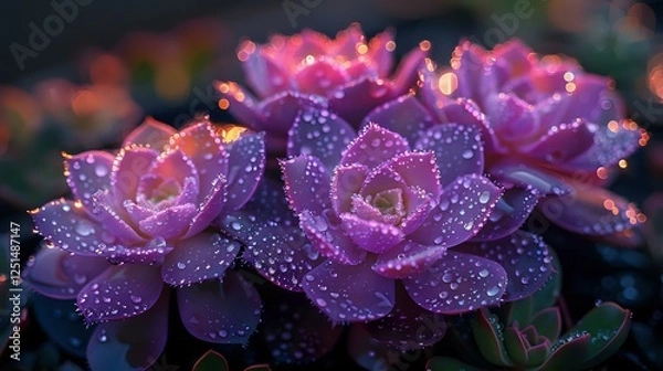 Fototapeta Delicate purple roses covered in morning dew drops glisten with magical sparkle against dark background, creating ethereal garden atmosphere. Perfect for romantic designs.