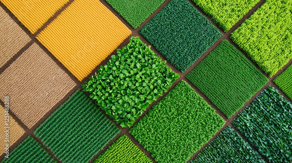 Fototapeta Vibrant farmland patterns showcase diverse crops in geometric arrangements