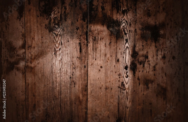 Obraz A close up of very old wooden planks with a dark, aged, and weathered texture. The rough surface features deep cracks, visible knots, and a natural distressed look, adding a vintage and rustic charm.