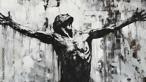 Fototapeta Anguished Figures Stretch Across Turbulent Monochrome Background In Gloomy Surreal Digital Artwork