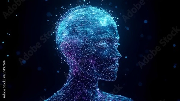 Obraz A human silhouette made of glowing data points and connections stands against a dark background, symbolizing technology and the digital age. The arrangement of lights creates a captivating visual.